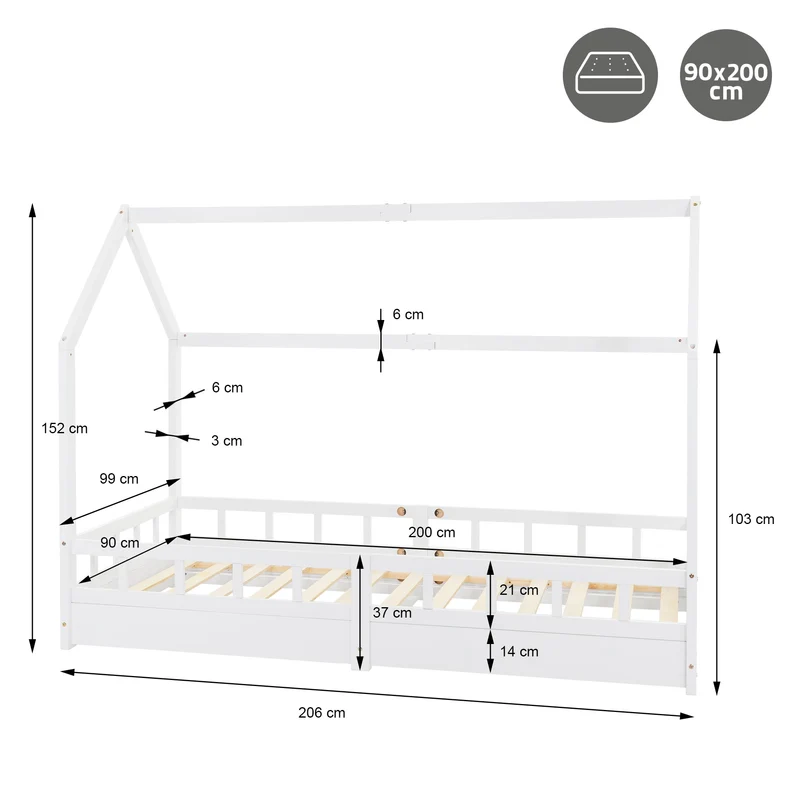 Kinderbett Weiß 90x200 cm mit Rausfallschutz aus massivem Kiefernholz