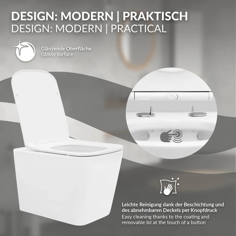 Wand-WC Hänge Toilette aus Keramik 52 cm lang Spülrandlos mit Softclose Luxebath
