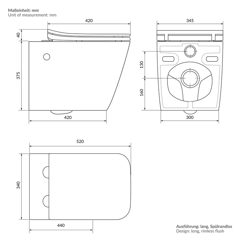 Wand-WC Hänge Toilette aus Keramik 52 cm lang Spülrandlos mit Bidet & Softclose Luxebath