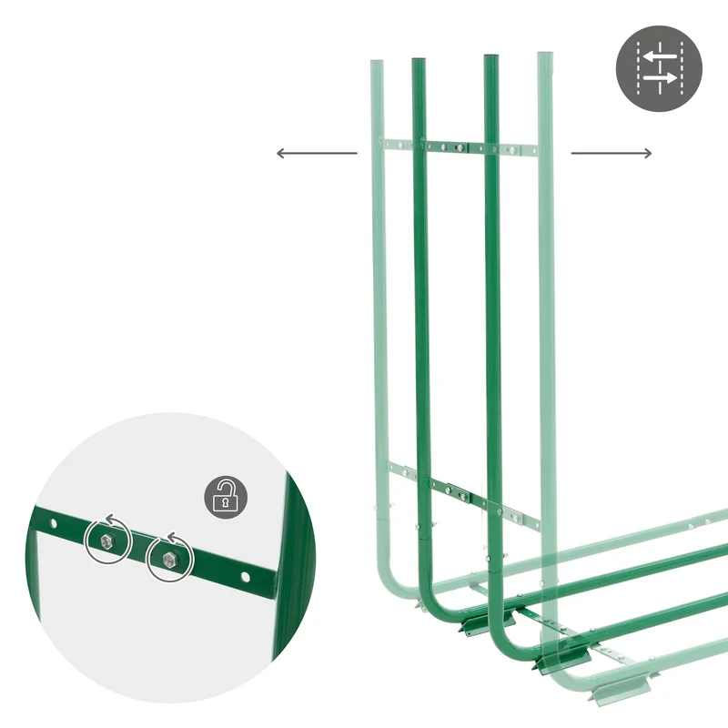 Kaminholzregal größenverstellbar 150-220 cm Länge 20-30 cm Breite Grün aus Metall