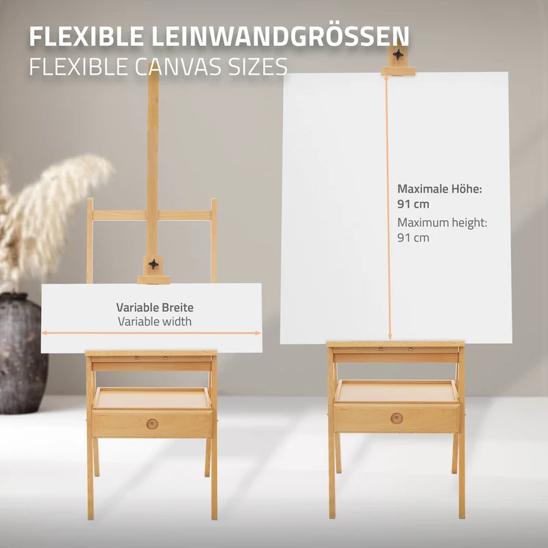 Premium Staffelei mit Schublade Aufnahme 151-195 cm Zeichenhöhe Braun aus Holz