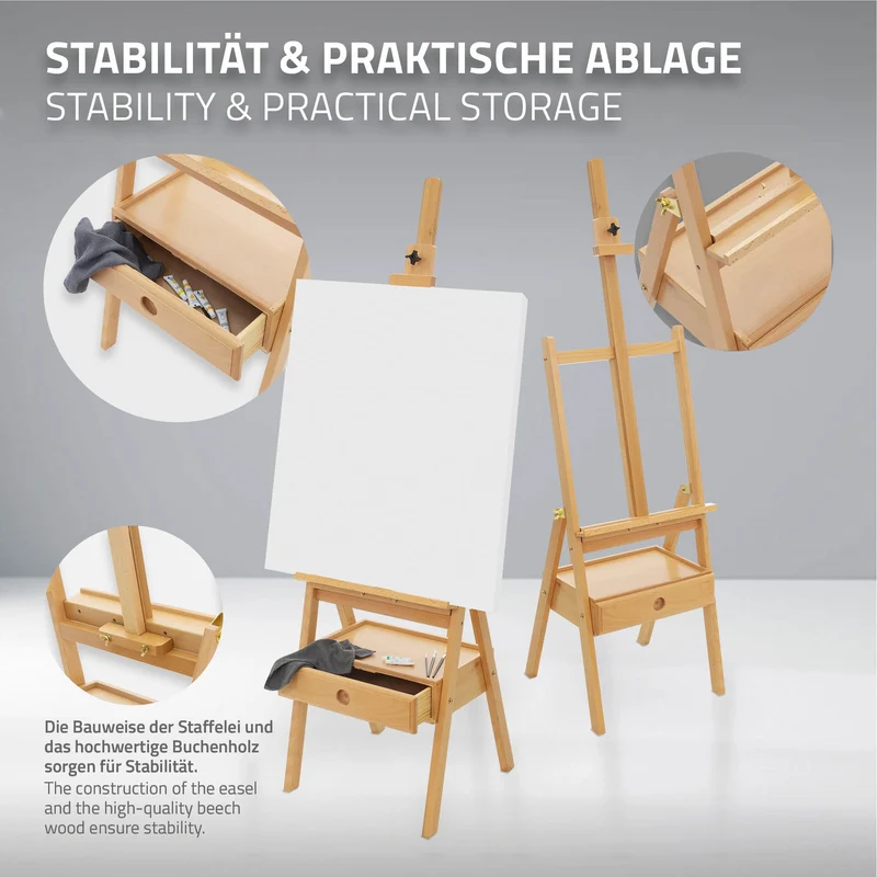 Premium Staffelei mit Schublade Aufnahme 151-195 cm Zeichenhöhe Braun aus Holz