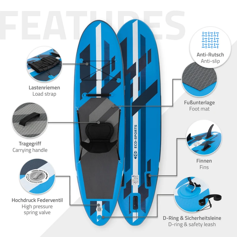Stand Up Paddle aufblasbares SUP Board mit Kajak Sitz 320x82x15 cm in Blau aus PVC inkl. Pumpe und Tragetasche