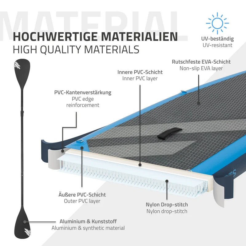 Stand Up Paddle aufblasbares SUP Board mit Kajak Sitz 320x82x15 cm in Blau aus PVC inkl. Pumpe und Tragetasche