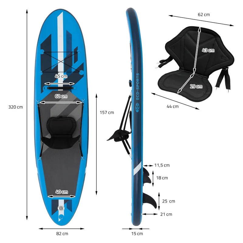 Stand Up Paddle aufblasbares SUP Board mit Kajak Sitz 320x82x15 cm in Blau aus PVC inkl. Pumpe und Tragetasche