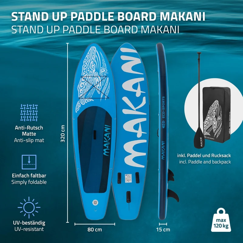 Stand Up Paddle aufblasbares SUP Board Makani 320x80x15 cm in Blau aus PVC inkl. Pumpe und Tragetasche