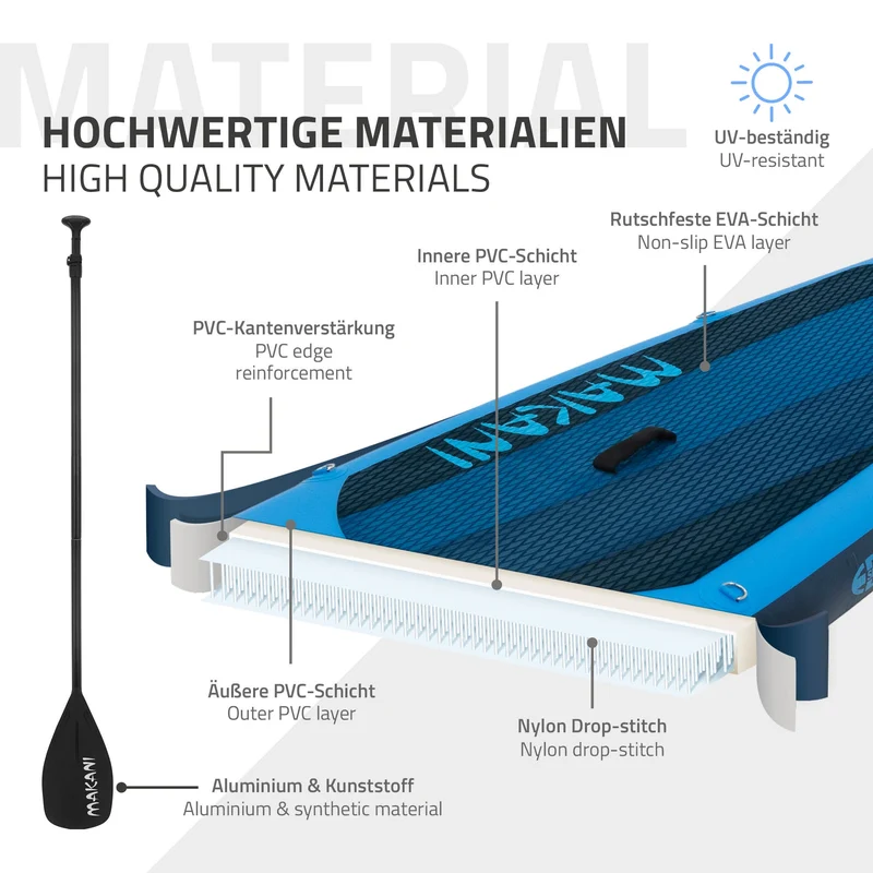 Stand Up Paddle aufblasbares SUP Board Makani 320x80x15 cm in Blau aus PVC inkl. Pumpe und Tragetasche