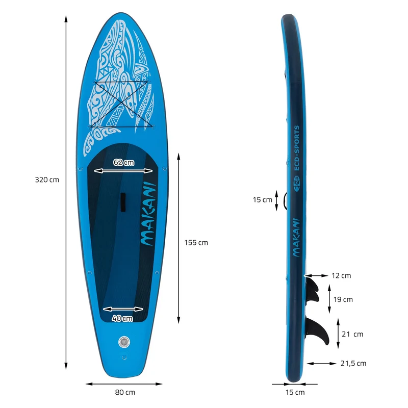 Stand Up Paddle aufblasbares SUP Board Makani 320x80x15 cm in Blau aus PVC inkl. Pumpe und Tragetasche