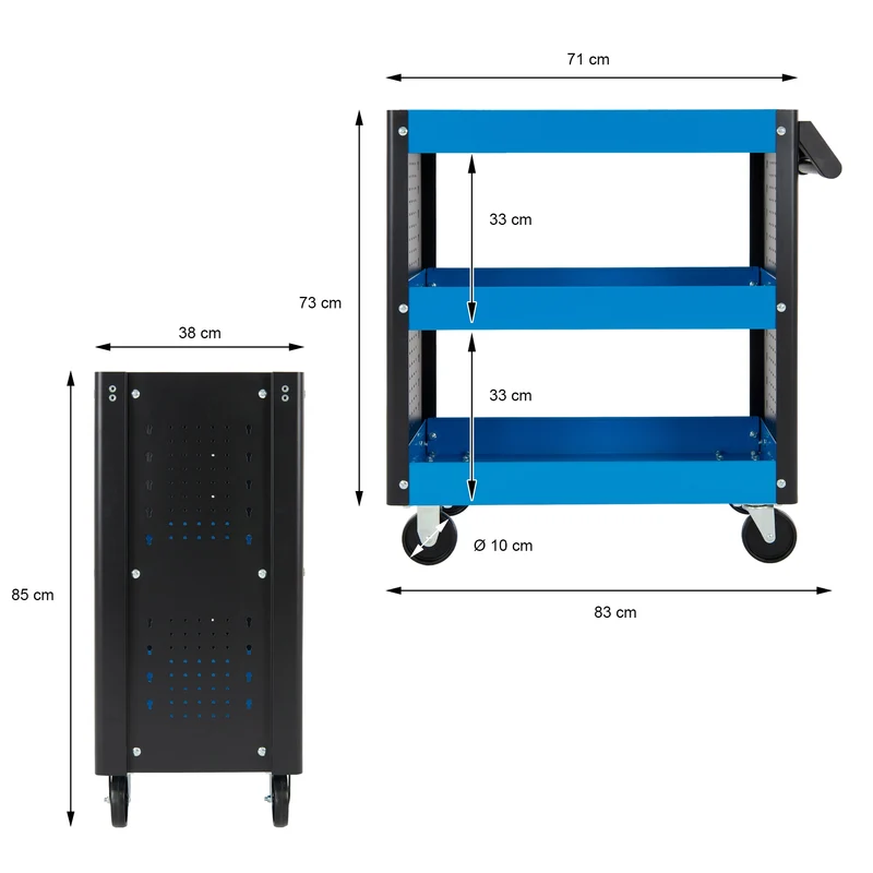 Werkstattwagen mit 3 Etagen 83x38x85 cm Schwarz/Blau aus Metall