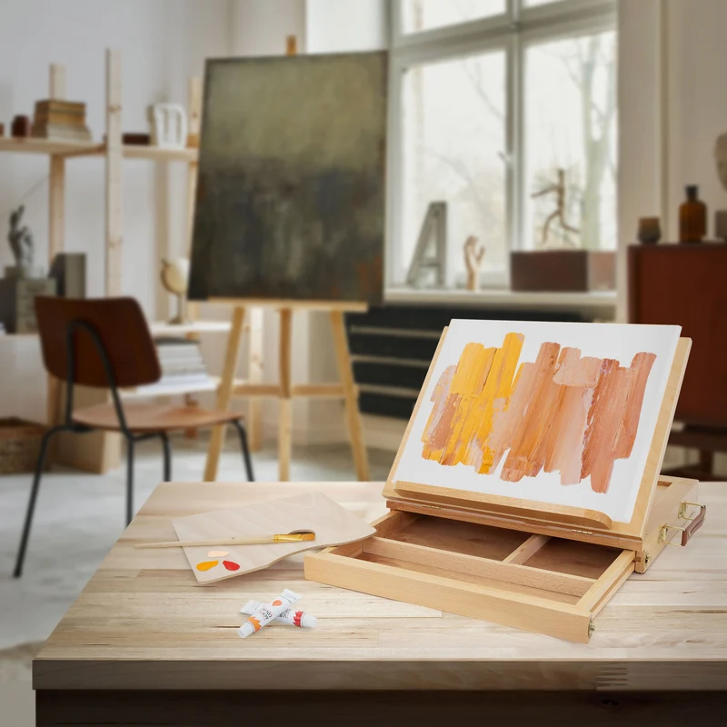 Tischstaffelei mit Schublade und Mischpalette Natur aus Holz