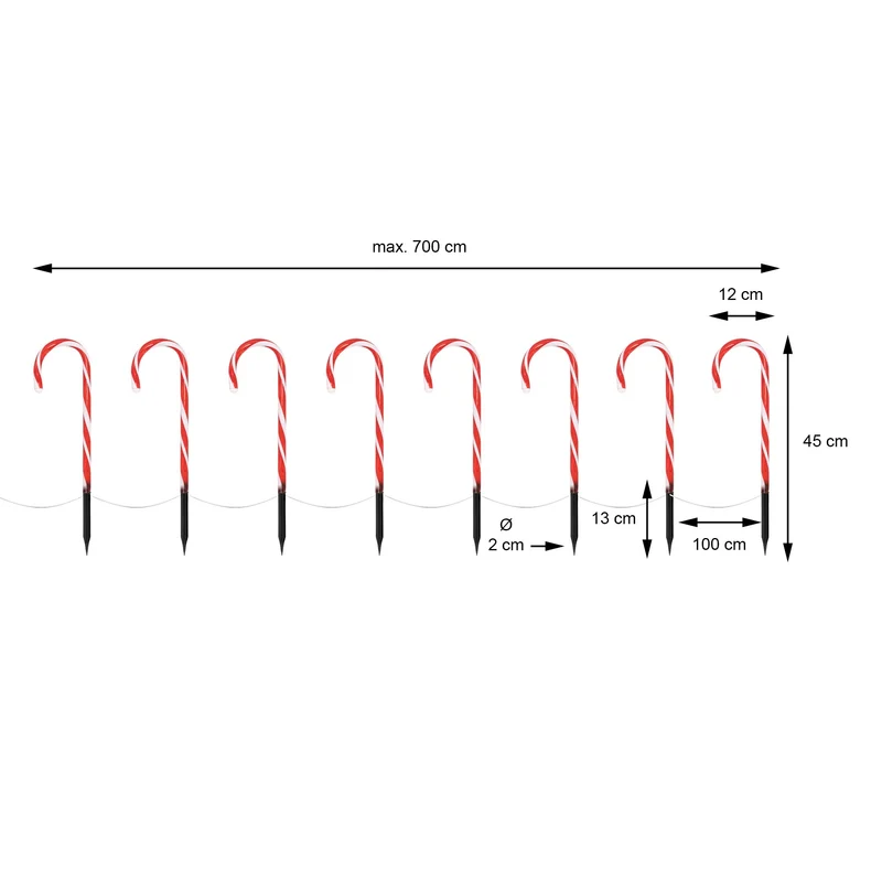 Zuckerstangen Gartenstecker 8er Set 45x700 cm mit 40LED Warmweiß aus Kunststoff