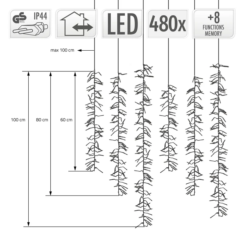 LED Lichtervorhang mit 8 Leuchtmodis 1m mit 480 warmweißen LEDs IP44 Steckdose