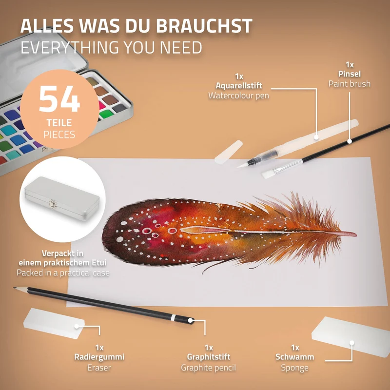 Aquarellfarben Malkasten 48 Farben in Metallbox Silber mit Zubehör