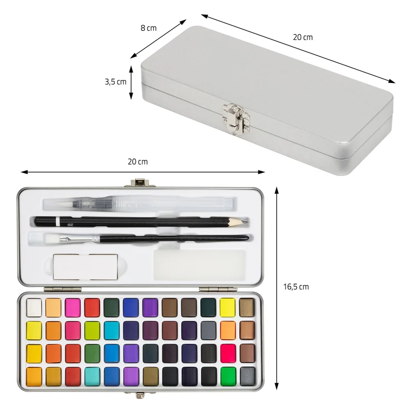 Aquarellfarben Malkasten 48 Farben in Metallbox Silber mit Zubehör