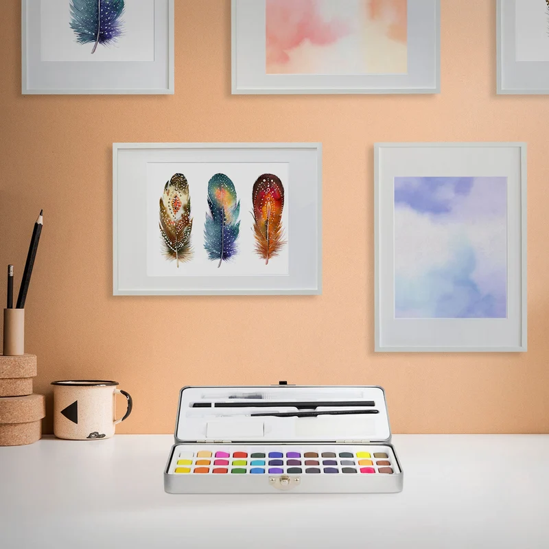 Aquarellfarben Malkasten 48 Farben in Metallbox Silber mit Zubehör
