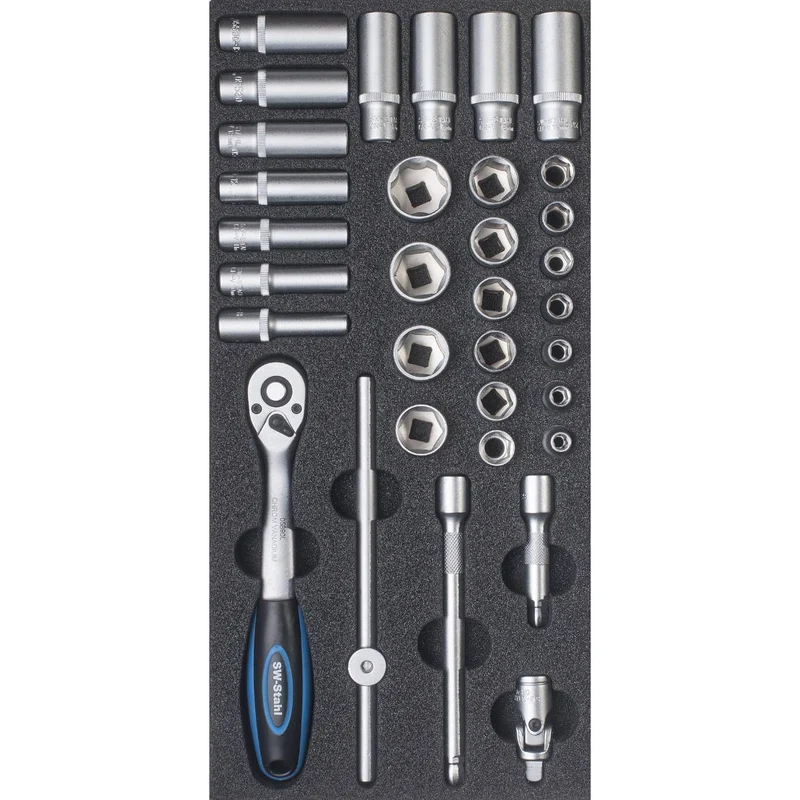 SW-Stahl Werkstattwagensortiment Steckschlüssel 3/8“ mit Ratsche 33-teilig