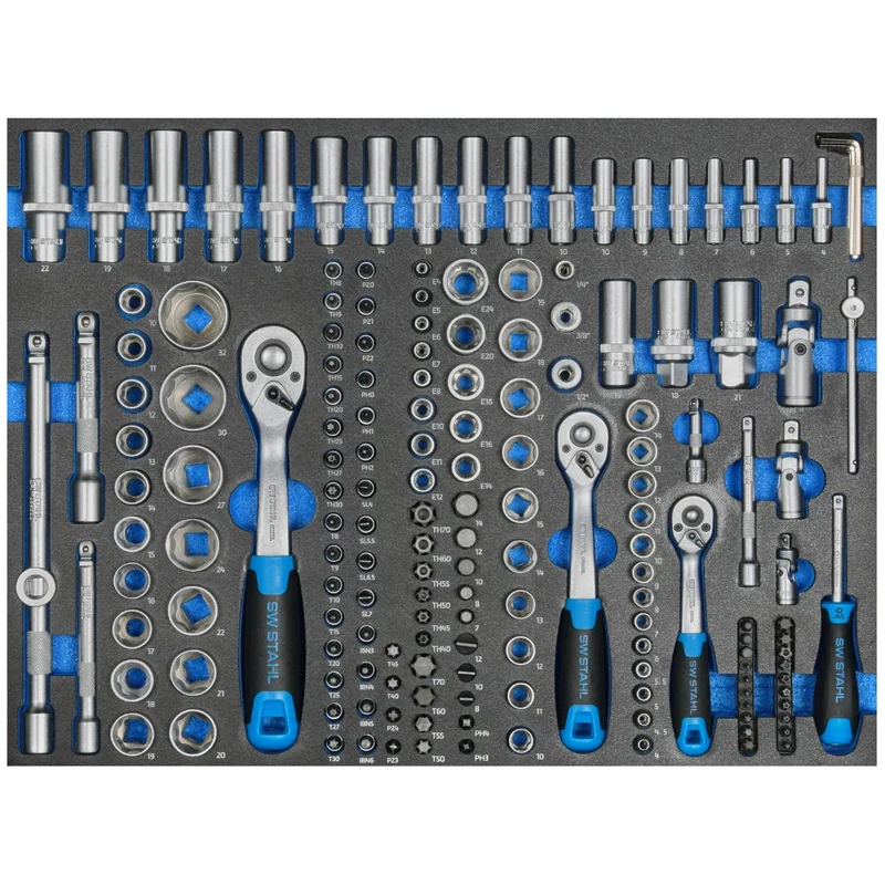 SW-Stahl Werkstattwagensortiment Steckschlüssel 1/4“ 3/8“ 1/2“ mit Ratschen 171-teilig