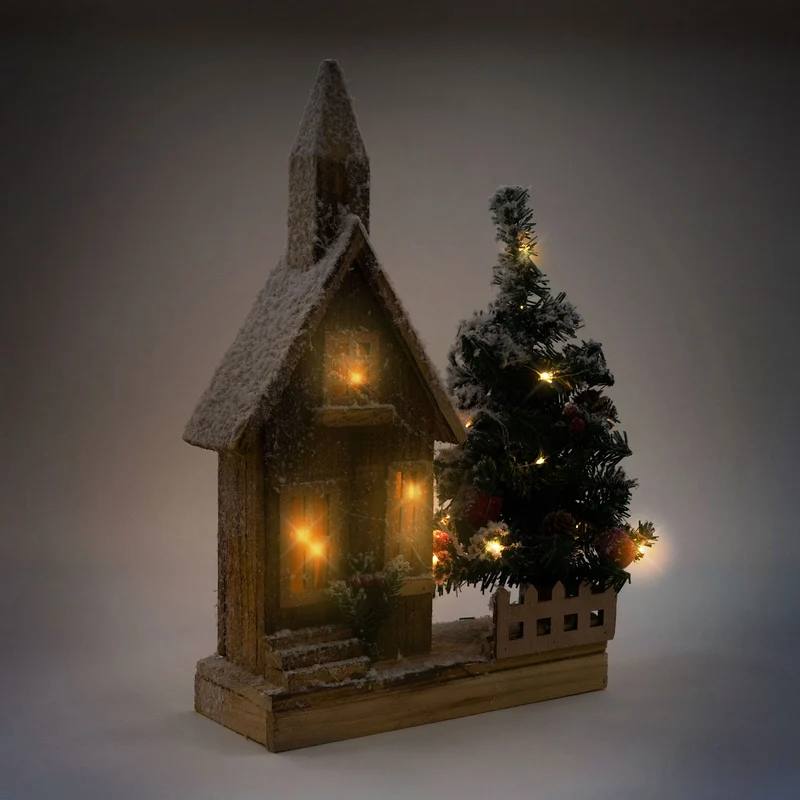 Deko Weihnachtshaus schneebedeckt mit LED Beleuchtung 44 x 27 cm aus Holz