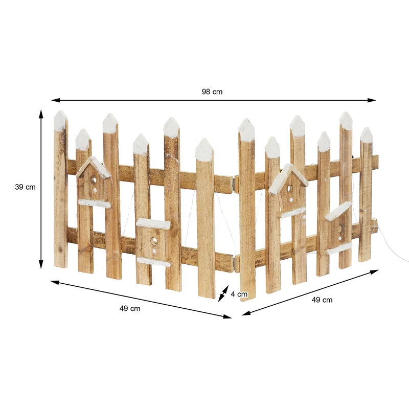 Deko Weihnachtszaun mit LED natur 98x39 cm aus Holz inkl. Vogelhäuschen