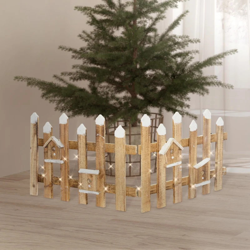 Deko Weihnachtszaun mit LED natur 98x39 cm aus Holz inkl. Vogelhäuschen