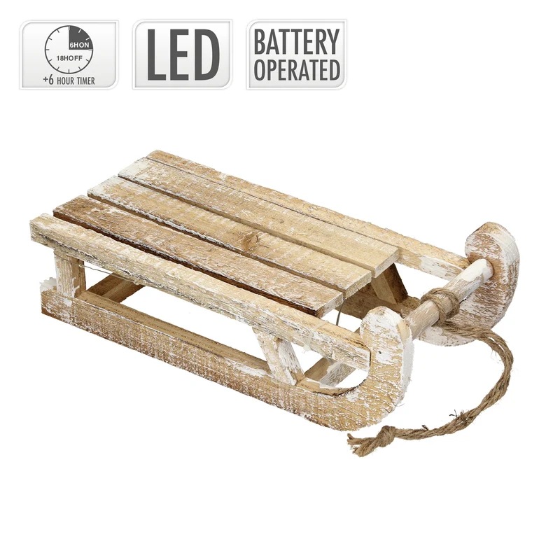 Weihnachtsdeko Schlitten mit 25 Warmweißen LEDs 31,5x14,5x10,5 cm Natur aus Holz