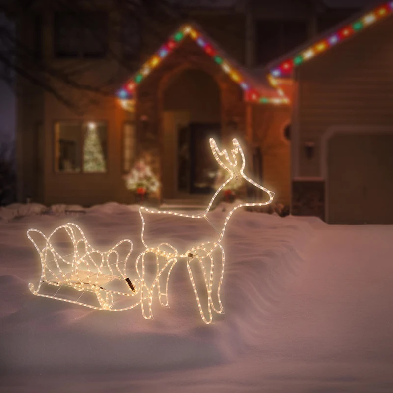 LED Deko Rentier mit Schlitten, warmweiß, 504 LEDs, aus PVC