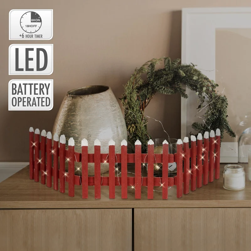 Deko Weihnachtszaun mit LED Rot 90x21 cm aus Holz