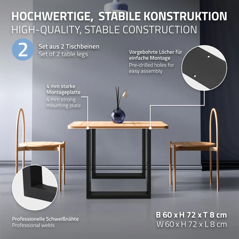 2x Tischbeine Tischkufen aus Vierkantprofilen 60x72 cm Schwarz pulverbeschichtete Stahl