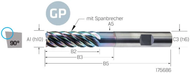 Solid Carbide End Mill PREMUS GP, GP, 3 × A1, DLC, HB