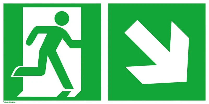 Escape route sign NEUTRAL, aluminum W300xH150 mm emergency exit left with arrow right downwards photoluminescent