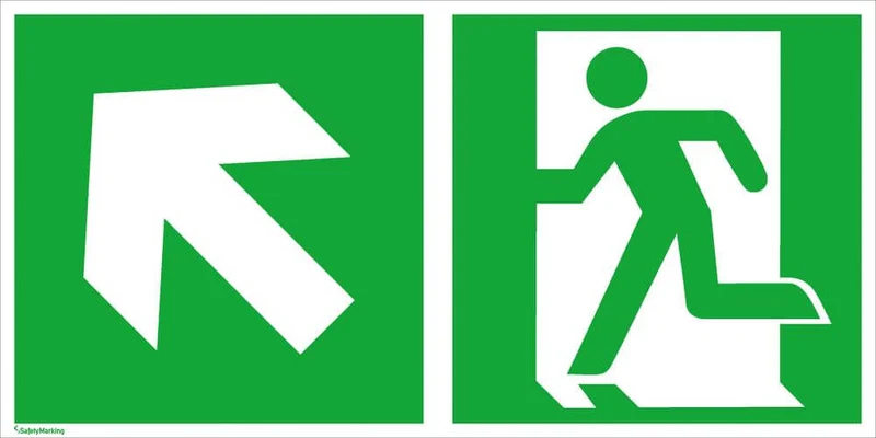 Escape route sign NEUTRAL, aluminum W300xH150 mm emergency exit right with arrow left upwards long afterglow