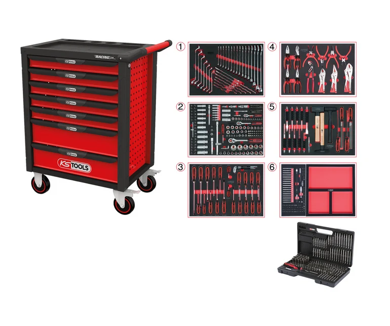 KS Tools RACINGline SCHWARZ/ROT Werkstattwagen mit 7 Schubladen und 598 Premium-Werkzeugen