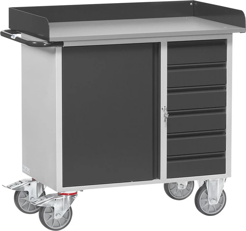 Workshop trolley FETRA, B1080xD590xH915mm RAL 7035/7016 6 drawers, 1 cabinet