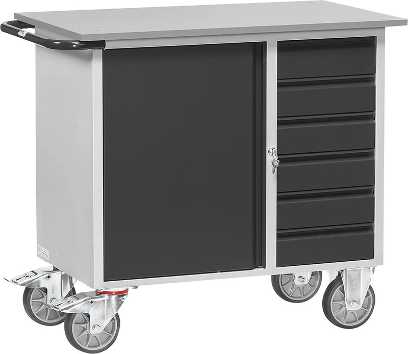 Workshop trolley FETRA, B1080xD590xH915mm RAL 7035/7016 6 drawers, 1 cabinet