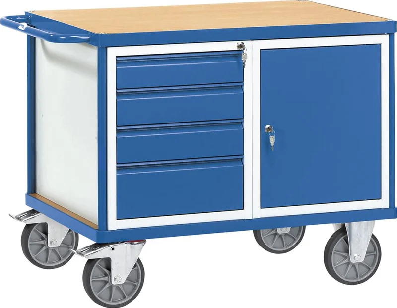 Workshop trolley FETRA, 600 kg 1050x700mm, 1 door, 4 drawers