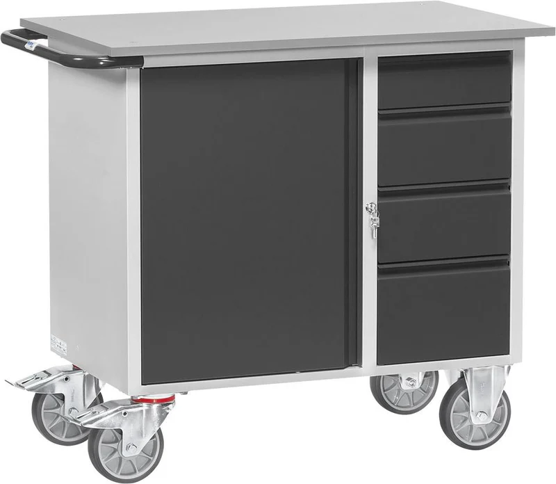 Workshop trolley FETRA, B1080xD590xH915mm RAL 7035/7016 4 drawers, 1 cabinet