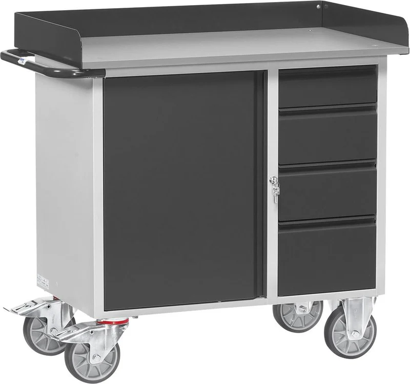 Workshop trolley FETRA, B1080xD590xH915mm RAL 7035/7016 4 drawers, 1 cabinet